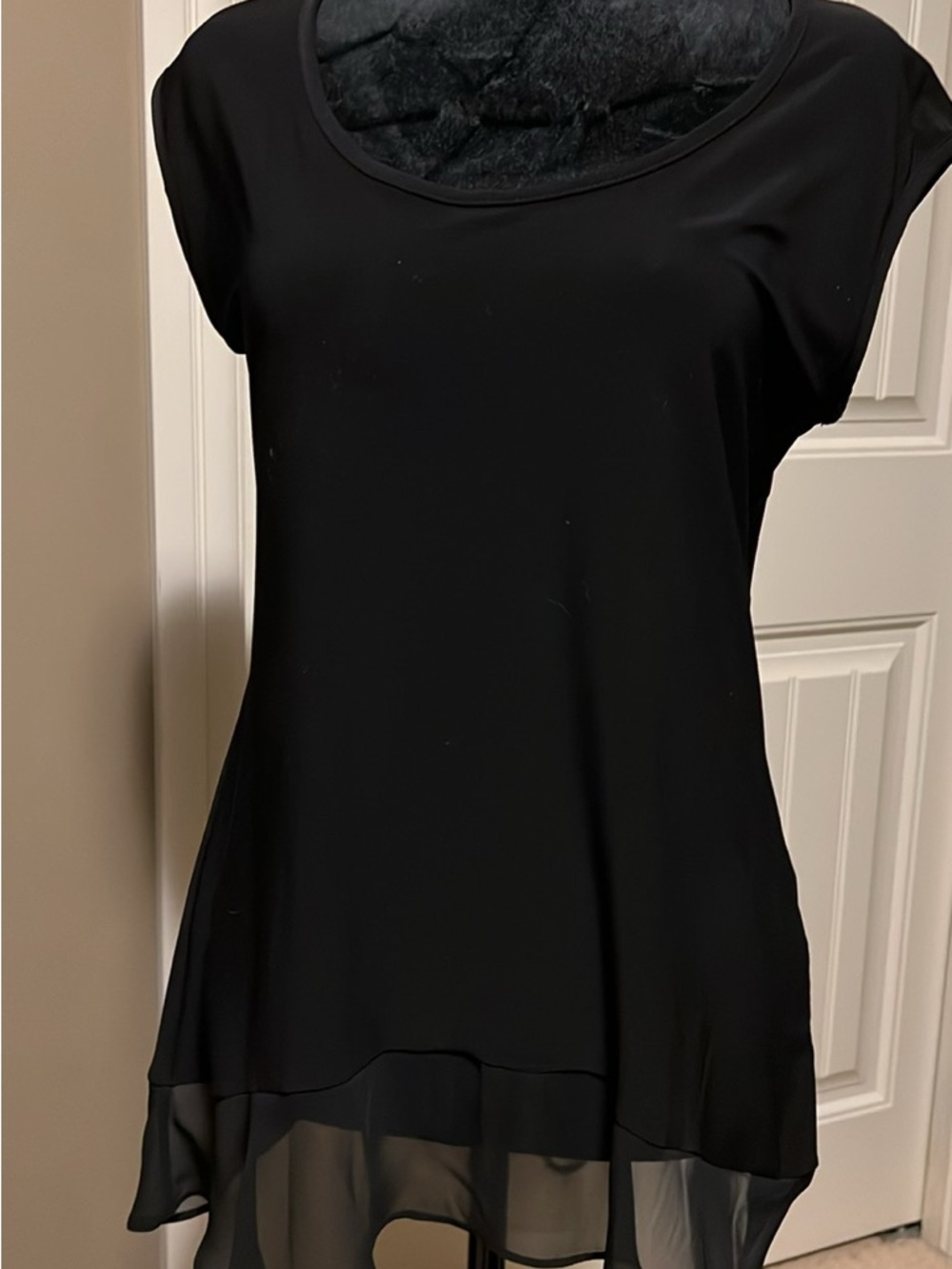 Joseph Ribkoff Black Short-Sleeve Top with Ruffled Sheer Hem